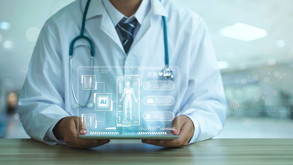 A doctor holding a tablet screen with an AI holographic.