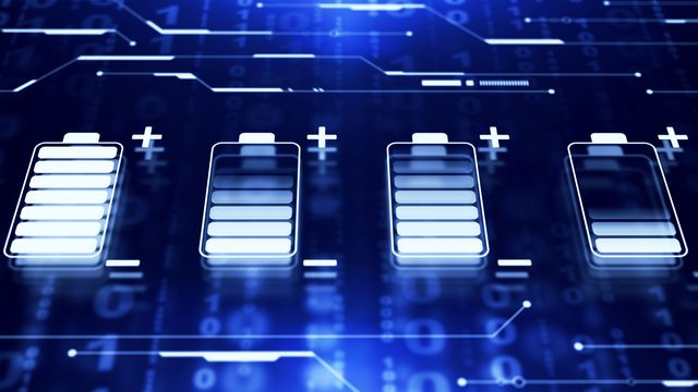 Digital battery icons at different charge levels on a blue, tech-themed background with binary code and circuit patterns.