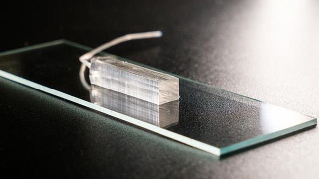 Close-up of the microfluidics device which can make square-shaped micro-ceramic particles with sharp corners.
