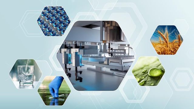 Hexagonal images featuring scientific equipment, water testing, agriculture, lab work, plants, and industrial vials