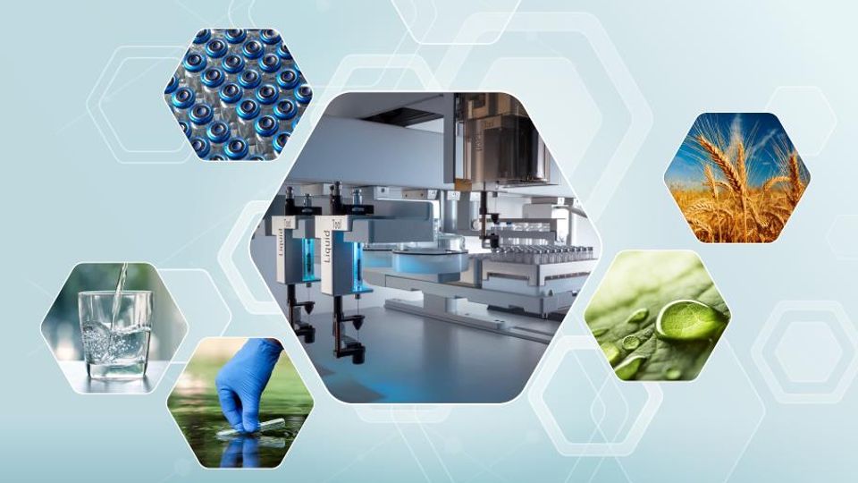 Hexagonal images featuring scientific equipment, water testing, agriculture, lab work, plants, and industrial vials