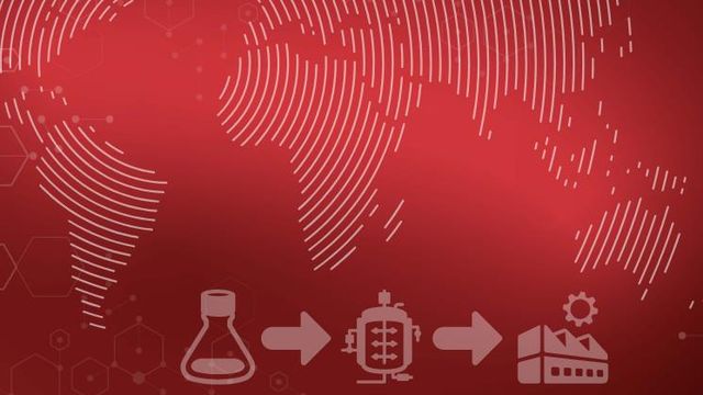 Icons representing stages of the chemical manufacturing process on a world map background