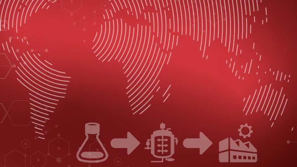 Icons representing stages of the chemical manufacturing process on a world map background