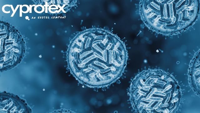 A microscopy image of bacterial cells, with Cyprotex's logo in the top corner. 