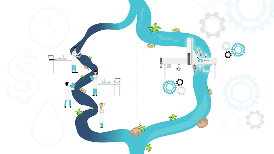 A river split into two streams with scientists working along the edges.