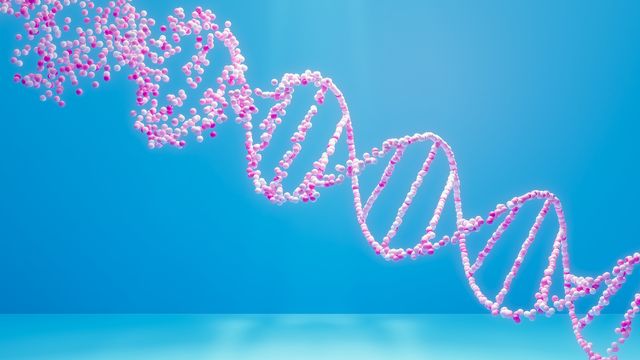 Pink and White DNA helix unravelling on a bright blue background.