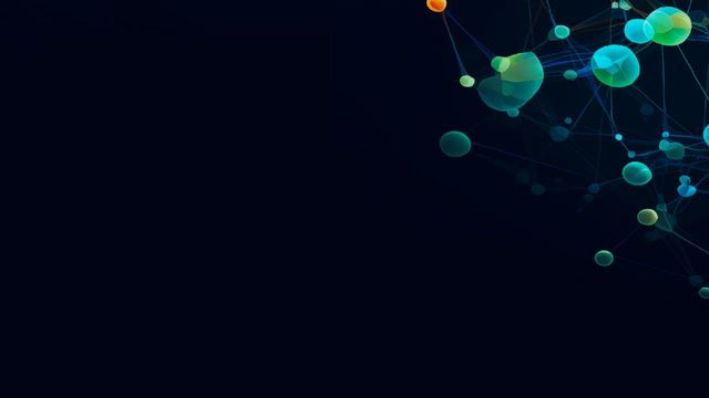 Abstract dark background with interconnected glowing spheres and lines, resembling a molecular or technological network