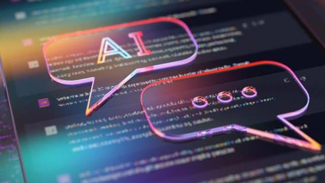 two speech bubbles hovering over a digital interface. The first speech bubble prominently displays the text "AI" in large, glowing letters, while the second contains three dots (representing a typing indicator).