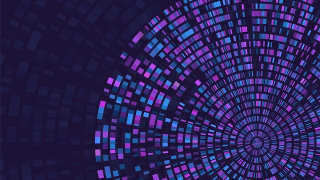 A radial arrangement of colored bars resembling DNA sequencing data.