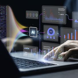 Data and AI symbols floating above a laptop. 