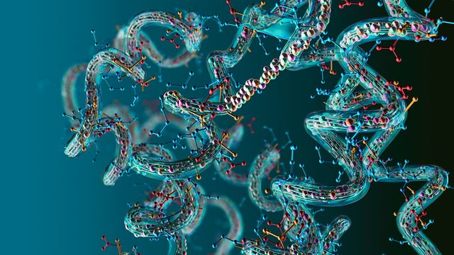 A detailed 3D visualization of complex protein structures, showing intertwined molecular chains with colorful atoms and bonds