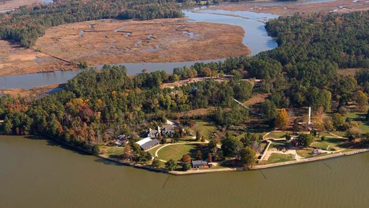 An aerial view of James Island and James Fort. An aerial view of James Island and James Fort.