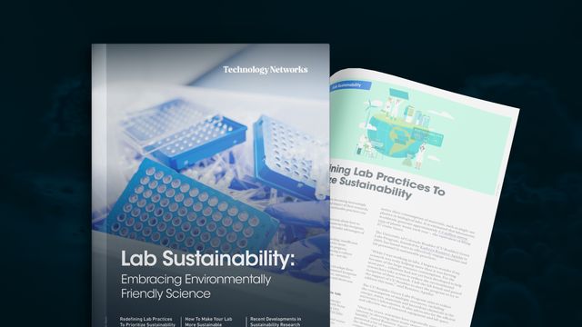 eBook cover showing discarded lab equipment and an article behind this discussing lab practices for sustainability