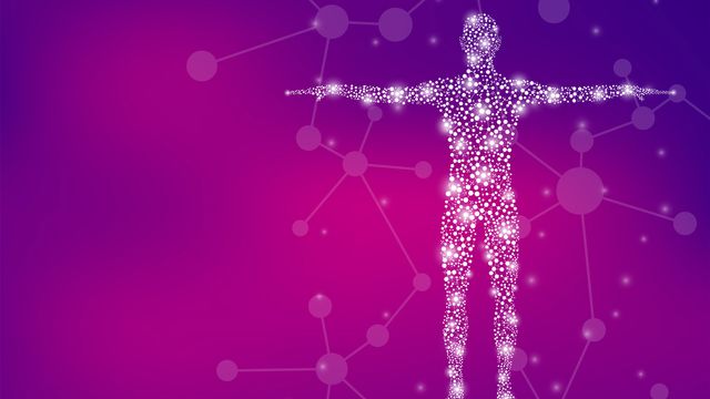 Human form made from white dots of varying sizes on a pink/purple background.