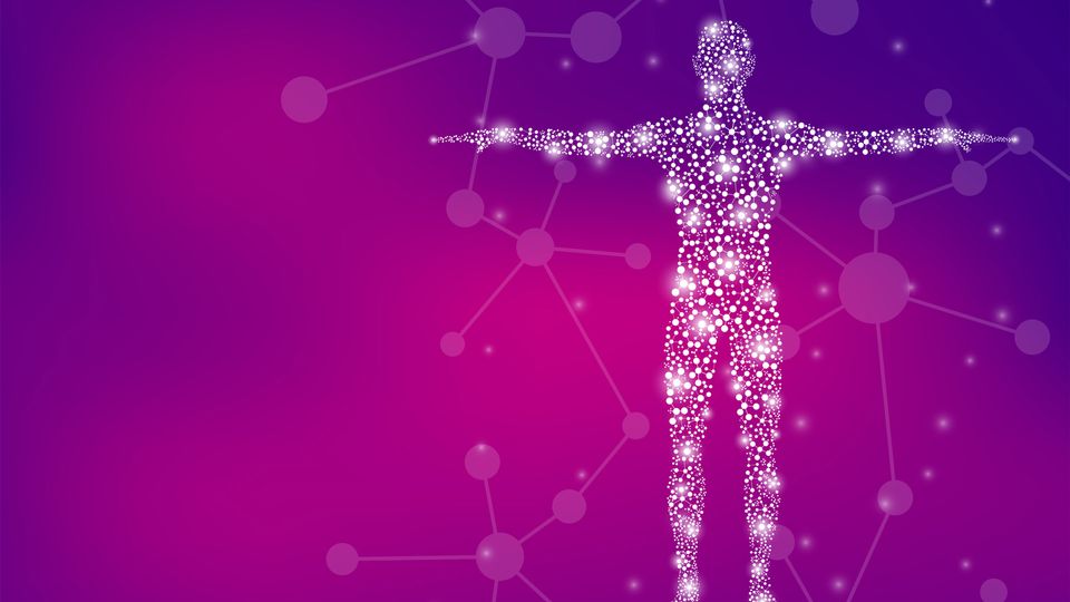 Human form made from white dots of varying sizes on a pink/purple background.