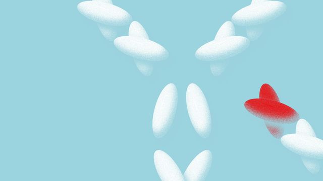 A stylized antibody shape in white on a pale blue background