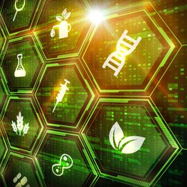 Hexagonal green tiles displaying life science icons. 