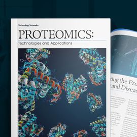 eBook cover showing a detailed illustration of protein structures. The inner page contains an article, with the headline "Using the Proteome to Understand Disease" and an illustration of a human figure surrounded by network-like connections. 