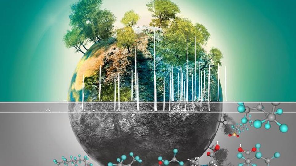 A half green, half barren Earth with trees and white lines extending upwards, overlaid with molecular structures in the foreground.