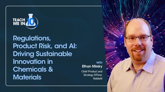 An image of Ethan Mirsky discussing regulations, product risk and AI for sustainable innovation in chemicals and materials