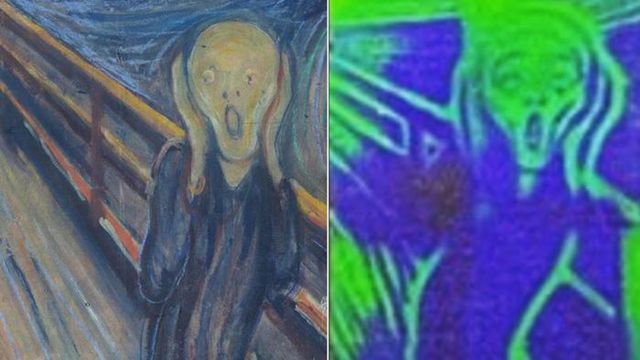 Researchers at Dartmouth and Southern Methodist University reproduced Edvard Munch’s The Scream on a display screen made of liquid crystals (right) controlled by a chiral molecular switch they developd that reflects light in different colors.