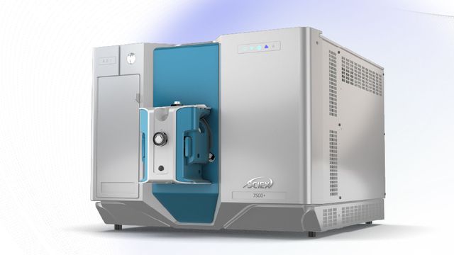 A silver and blue mass spectrometer on a white background. 