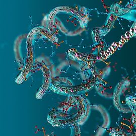 Abstract multicolored ball and stick model of a protein on a dark blue background. 