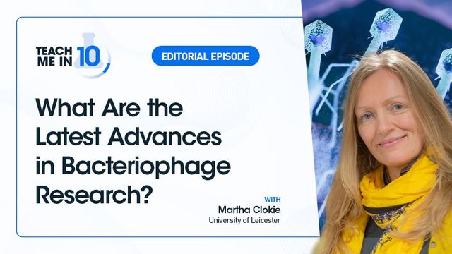 A headshot of Martha Clokie with bacteriophages behind her.